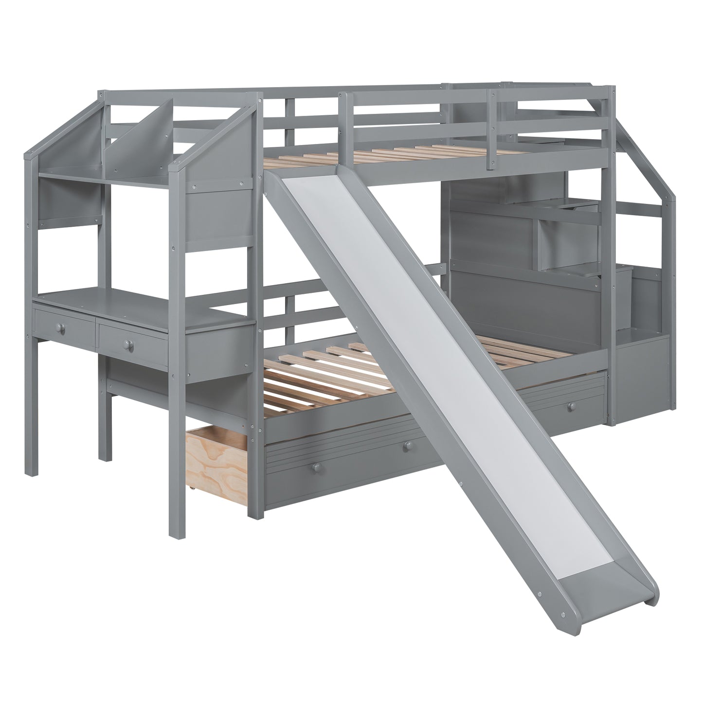 Twin Over Twin Bunk Bed with Desk, Storage Stairs, Slide & Drawers – Gray Wood Kids Loft Bed with Shelve