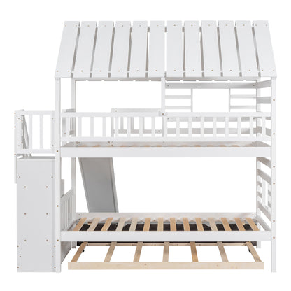 Twin Over Twin House Bunk Bed with Slide, Trundle & Storage Stairs – White Wood Kids Playhouse Bed with Roof & Window