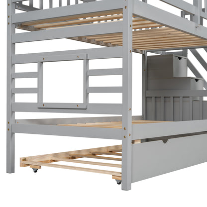 Twin Over Twin House Bunk Bed with Slide, Trundle & Storage Stairs – Gray Wood Kids Playhouse Bed with Roof & Windo