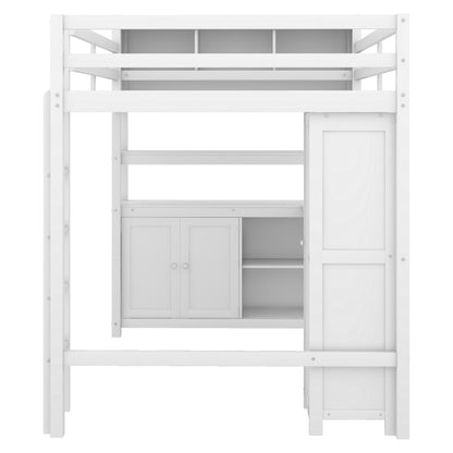 Full Size Loft Bed with Desk, Wardrobe, Cabinet & Bookshelf – White Wood Storage Loft Bed for Kids & Teens