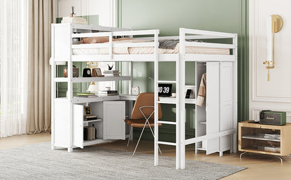 Full Size Loft Bed with Desk, Wardrobe, Cabinet & Bookshelf – White Wood Storage Loft Bed for Kids & Teens