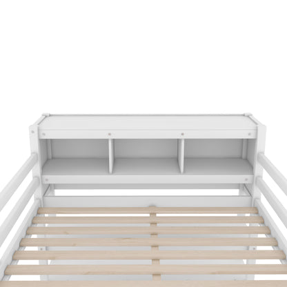 Full Size Loft Bed with Desk, Wardrobe, Cabinet & Bookshelf – White Wood Storage Loft Bed for Kids & Teens