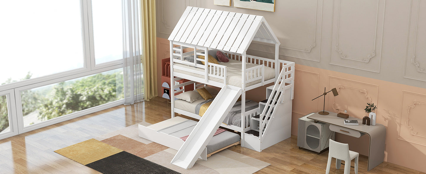 Twin Over Twin House Bunk Bed with Slide, Trundle & Storage Stairs – White Wood Kids Playhouse Bed with Roof & Window