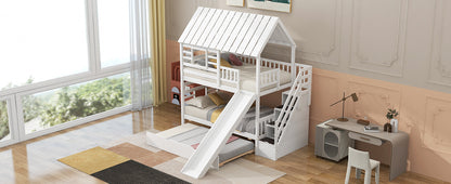 Twin Over Twin House Bunk Bed with Slide, Trundle & Storage Stairs – White Wood Kids Playhouse Bed with Roof & Window