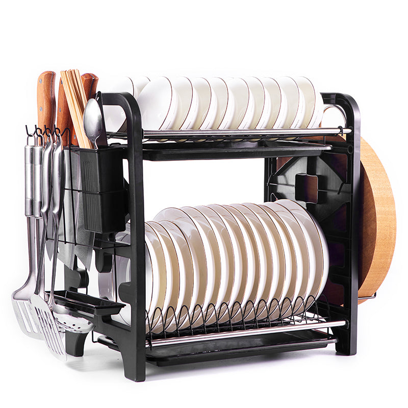 2-Tier Stainless Steel Dish Drying Rack with Drain Tray, Bowl & Plate Holder, Knife & Chopstick Organizer