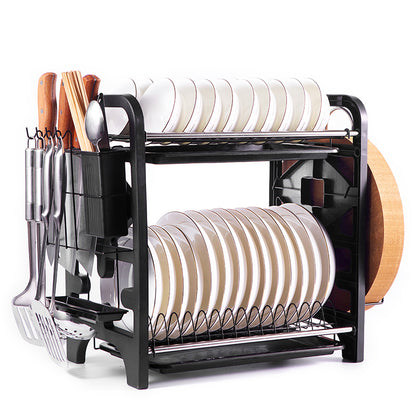 2-Tier Stainless Steel Dish Drying Rack with Drain Tray, Bowl & Plate Holder, Knife & Chopstick Organizer