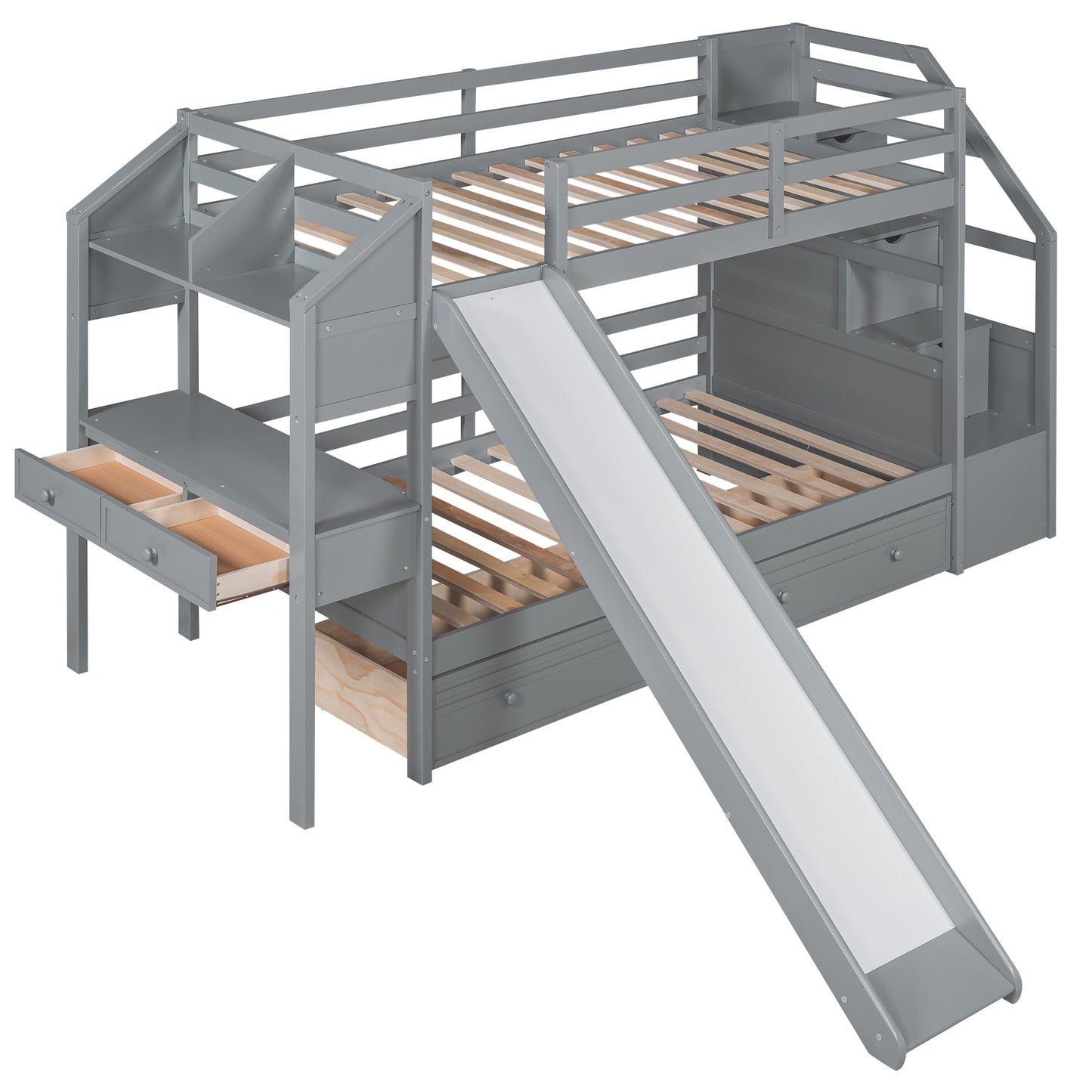 Twin Over Twin Bunk Bed with Desk, Storage Stairs, Slide & Drawers – Gray Wood Kids Loft Bed with Shelve