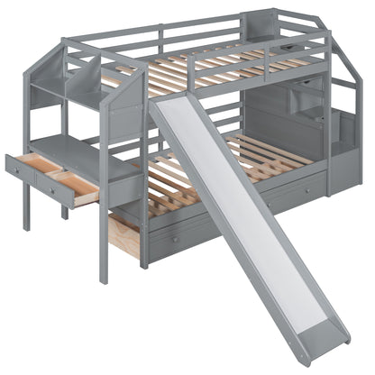 Twin Over Twin Bunk Bed with Desk, Storage Stairs, Slide & Drawers – Gray Wood Kids Loft Bed with Shelve