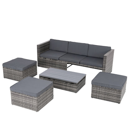 5-Piece Outdoor Patio Furniture Set with Lift-Top Coffee Table & Ottomans – PE Wicker Conversation Set, Dark Gray