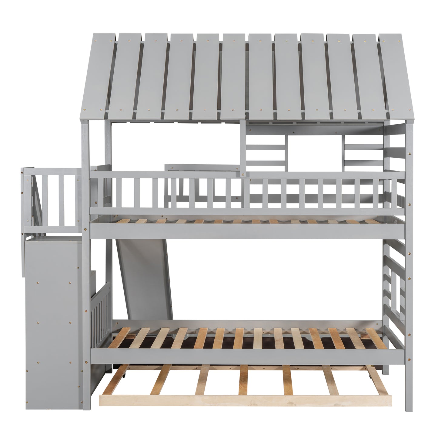 Twin Over Twin House Bunk Bed with Slide, Trundle & Storage Stairs – Gray Wood Kids Playhouse Bed with Roof & Windo