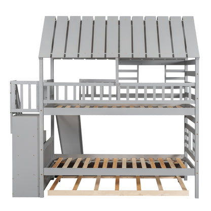 Twin Over Twin House Bunk Bed with Slide, Trundle & Storage Stairs – Gray Wood Kids Playhouse Bed with Roof & Windo