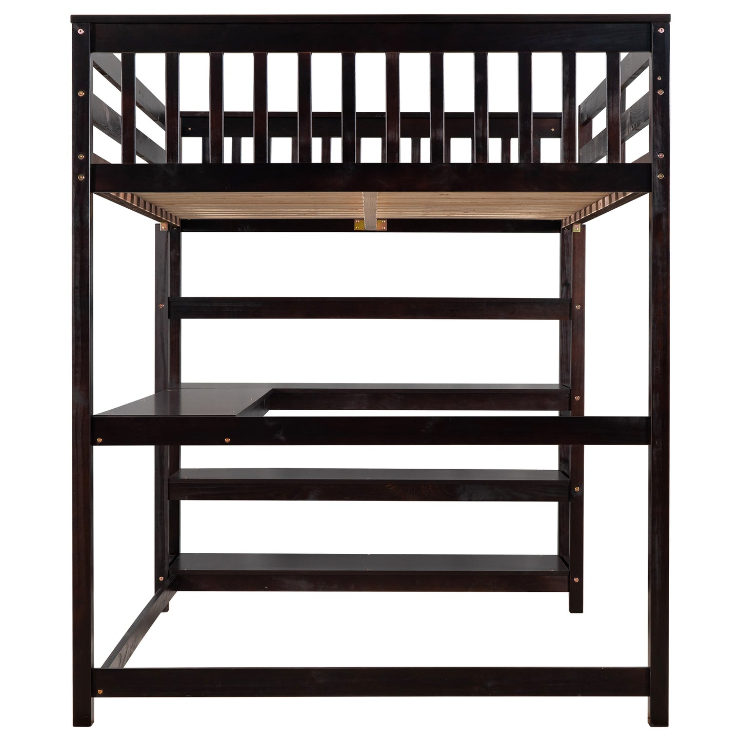 Full Size Loft Bed with Desk & Storage Shelves – Espresso Wood Loft Bed with Built-In Workstation