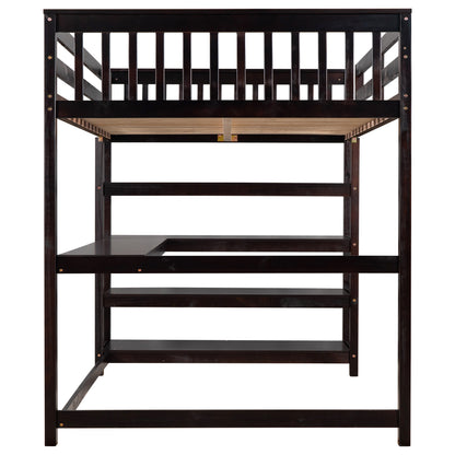 Full Size Loft Bed with Desk & Storage Shelves – Espresso Wood Loft Bed with Built-In Workstation