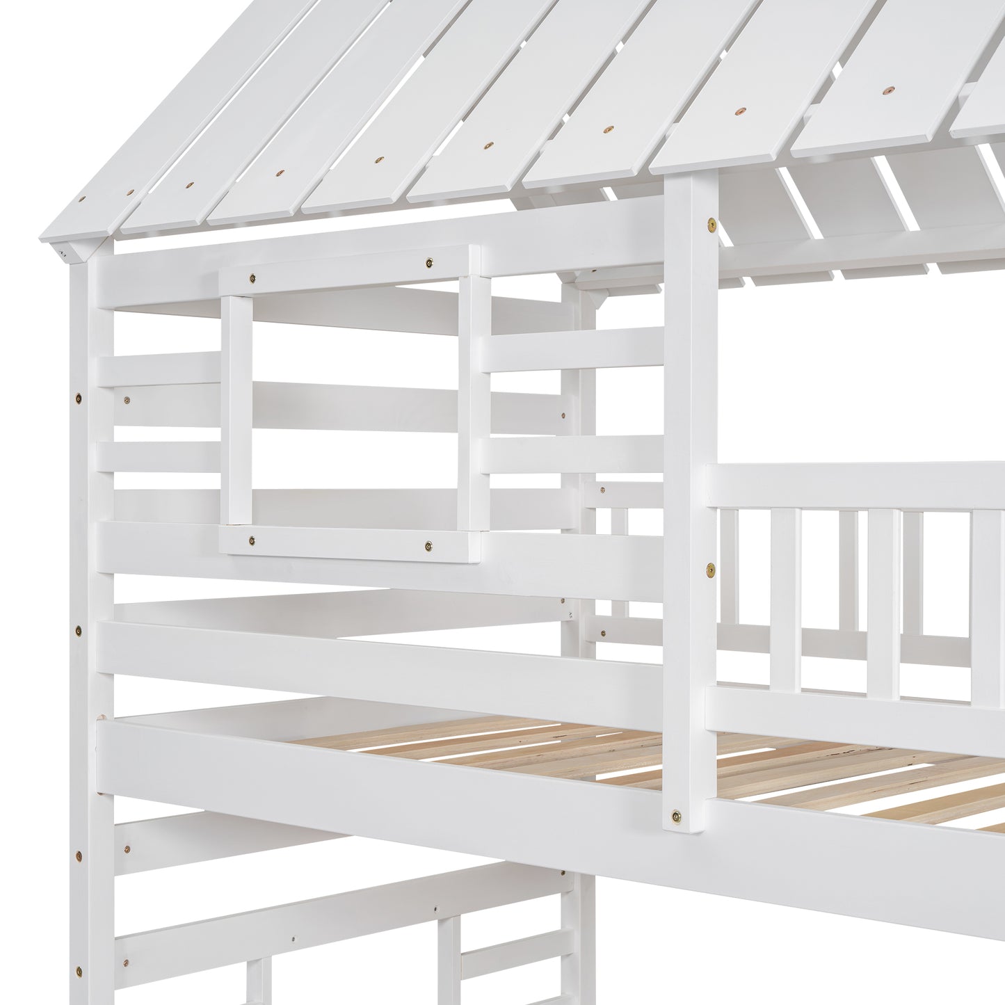 Twin Over Twin House Bunk Bed with Slide, Trundle & Storage Stairs – White Wood Kids Playhouse Bed with Roof & Window