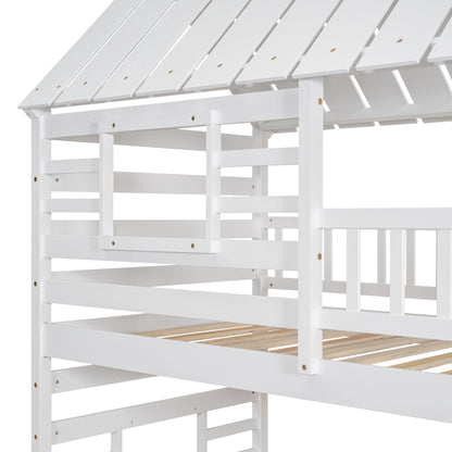 Twin Over Twin House Bunk Bed with Slide, Trundle & Storage Stairs – White Wood Kids Playhouse Bed with Roof & Window
