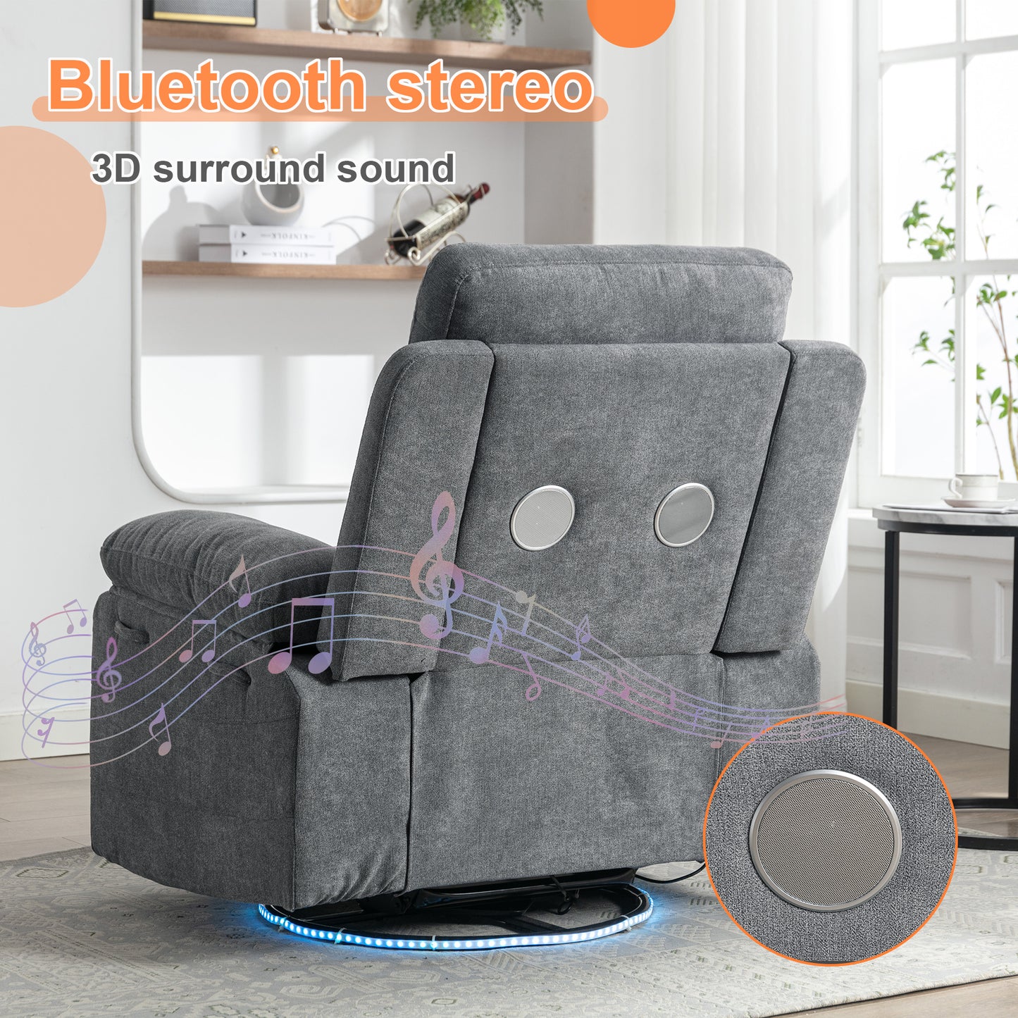 Power Swivel Recliner Chair with Bluetooth Speaker, LED Lights, USB-C Charging & 270° Glider Recliner – Light Grey