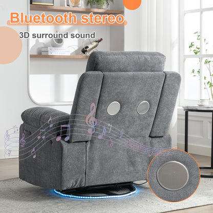 Power Swivel Recliner Chair with Bluetooth Speaker, LED Lights, USB-C Charging & 270° Glider Recliner – Light Grey