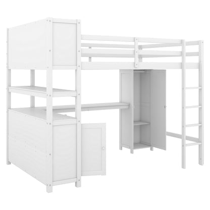 Full Size Loft Bed with Desk, Wardrobe, Cabinet & Bookshelf – White Wood Storage Loft Bed for Kids & Teens