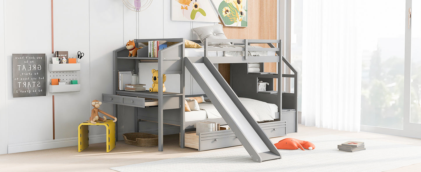 Twin Over Twin Bunk Bed with Desk, Storage Stairs, Slide & Drawers – Gray Wood Kids Loft Bed with Shelve