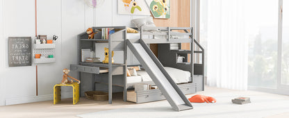Twin Over Twin Bunk Bed with Desk, Storage Stairs, Slide & Drawers – Gray Wood Kids Loft Bed with Shelve