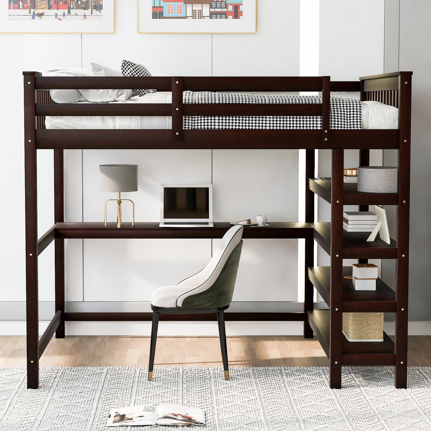 Full Size Loft Bed with Desk & Storage Shelves – Espresso Wood Loft Bed with Built-In Workstation