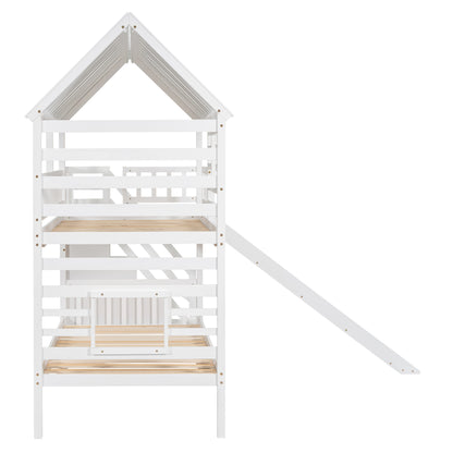 Twin Over Twin House Bunk Bed with Slide, Trundle & Storage Stairs – White Wood Kids Playhouse Bed with Roof & Window