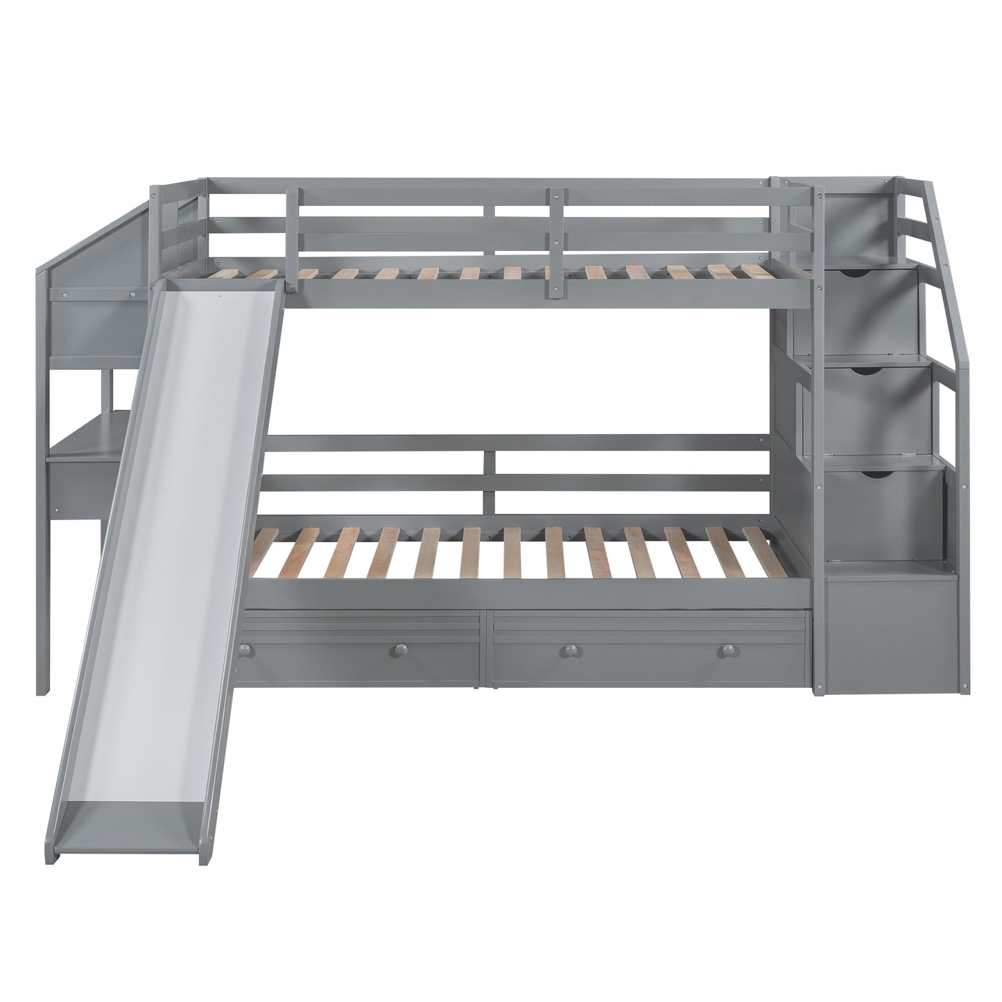 Twin Over Twin Bunk Bed with Desk, Storage Stairs, Slide & Drawers – Gray Wood Kids Loft Bed with Shelve