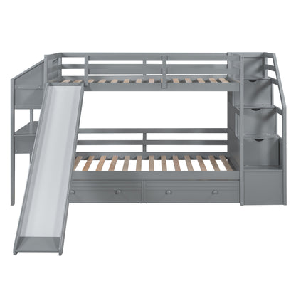 Twin Over Twin Bunk Bed with Desk, Storage Stairs, Slide & Drawers – Gray Wood Kids Loft Bed with Shelve