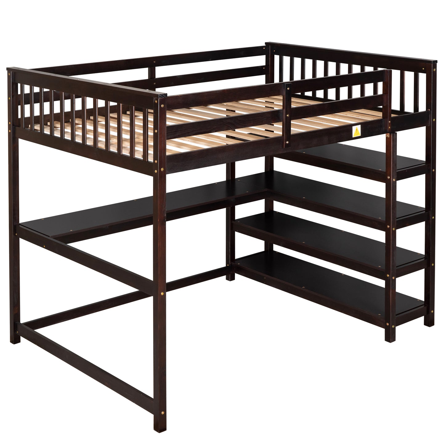 Full Size Loft Bed with Desk & Storage Shelves – Espresso Wood Loft Bed with Built-In Workstation