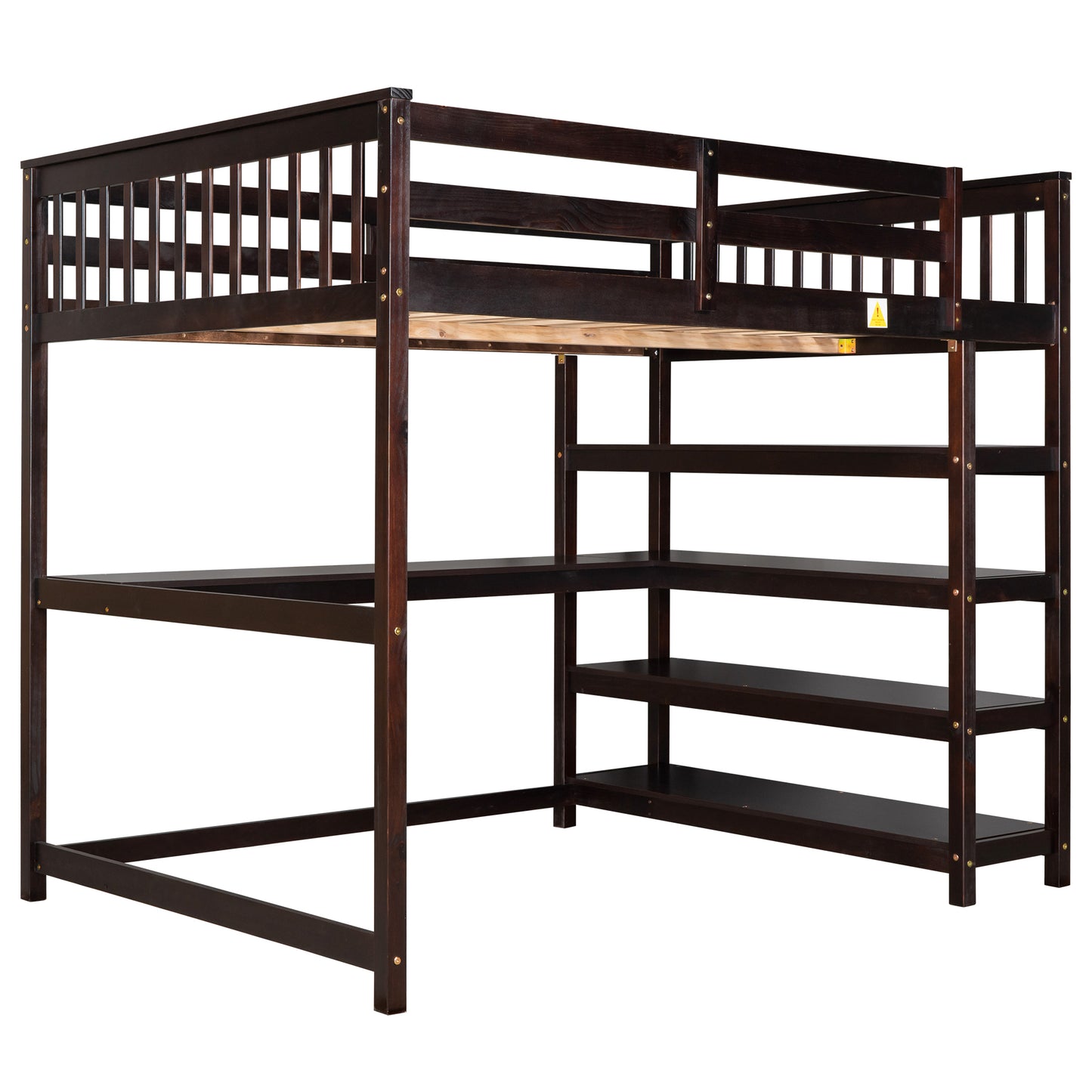 Full Size Loft Bed with Desk & Storage Shelves – Espresso Wood Loft Bed with Built-In Workstation