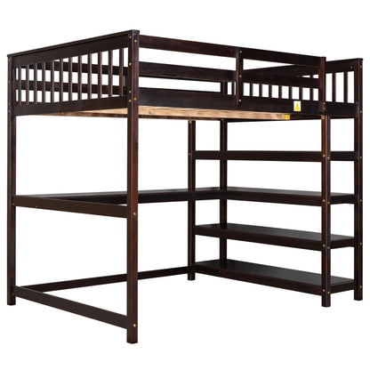 Full Size Loft Bed with Desk & Storage Shelves – Espresso Wood Loft Bed with Built-In Workstation