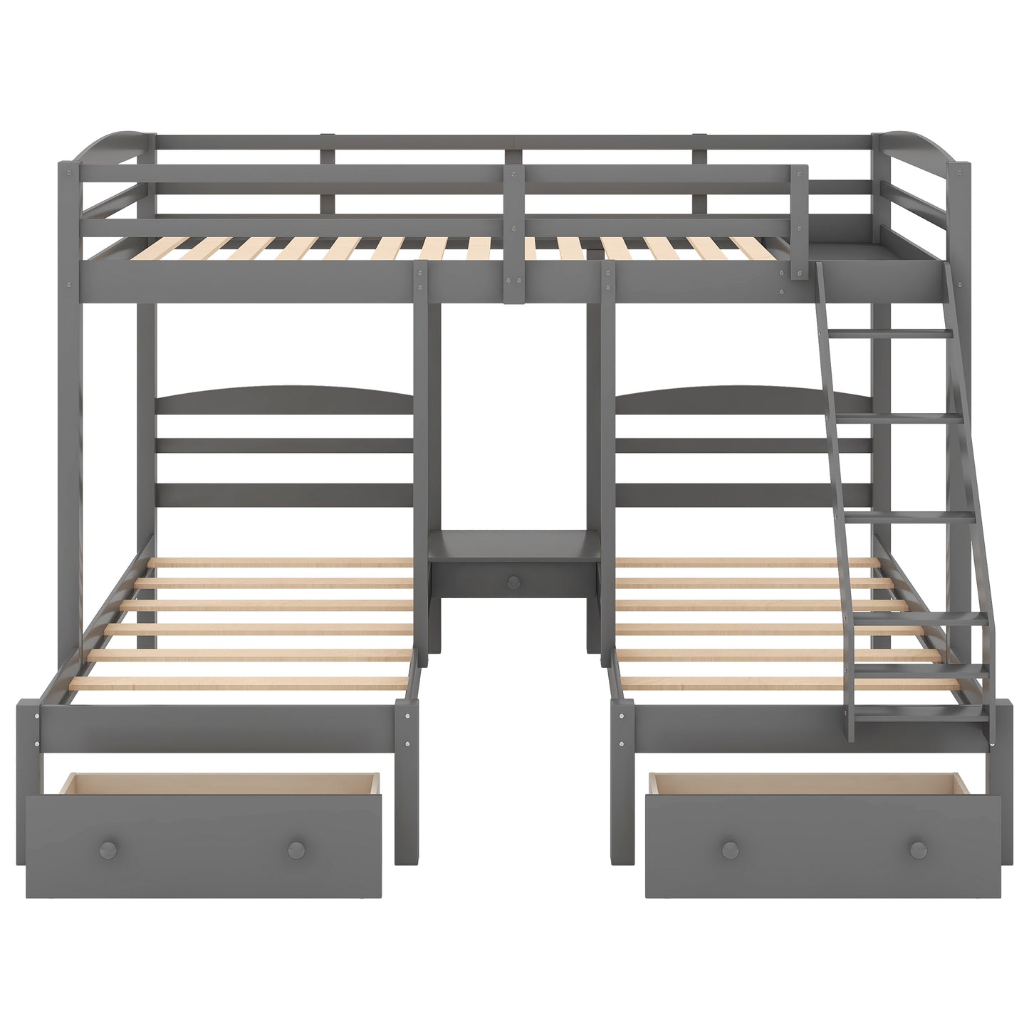 Full Over Twin Triple Bunk Bed with Storage Drawers – Gray Wood 3 Bed Bunk Bed for Kids, Teens & Families