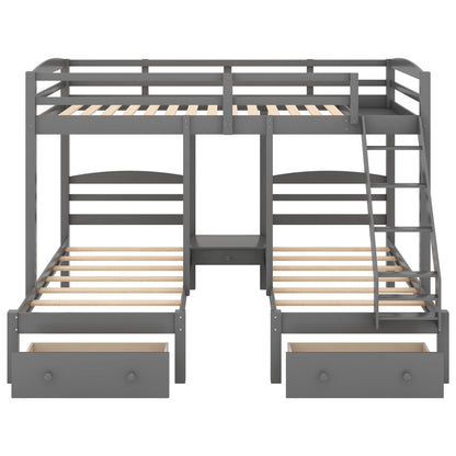 Full Over Twin Triple Bunk Bed with Storage Drawers – Gray Wood 3 Bed Bunk Bed for Kids, Teens & Families