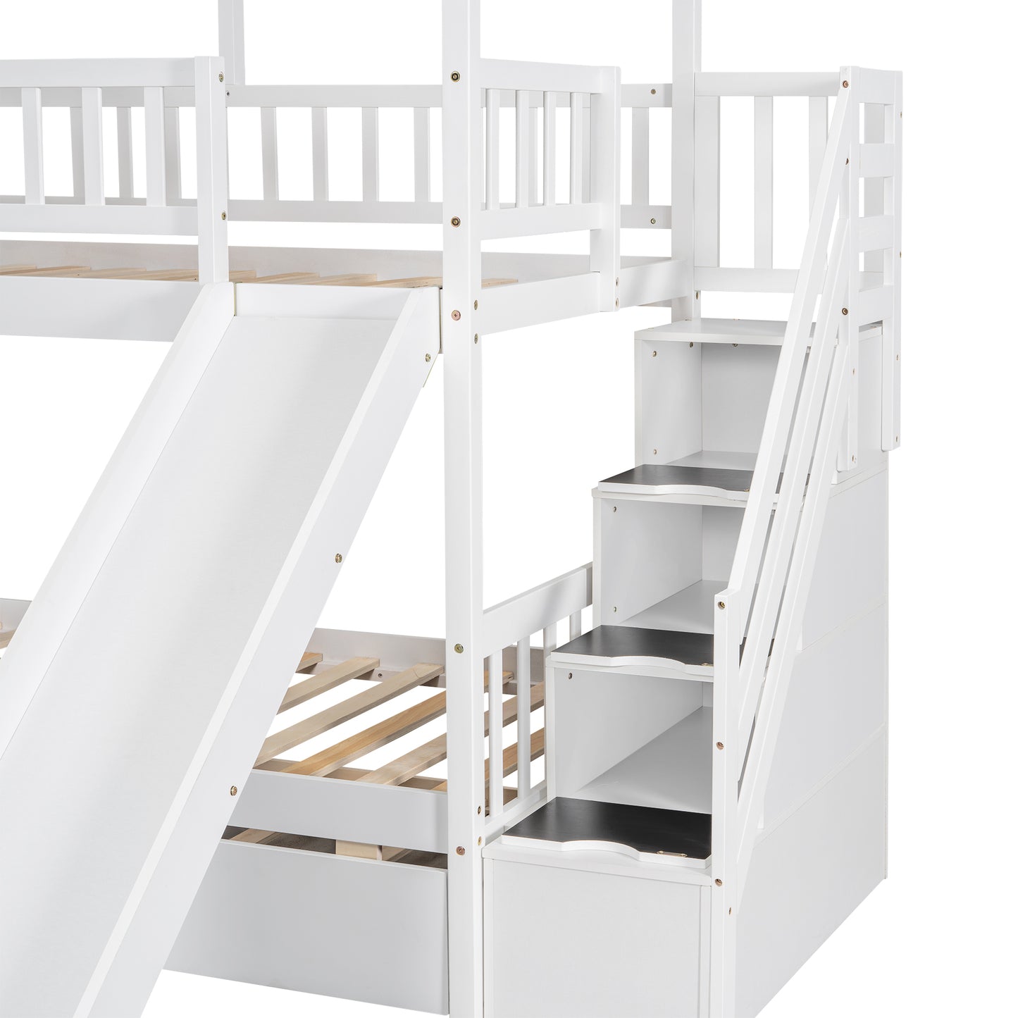 Twin Over Twin House Bunk Bed with Slide, Trundle & Storage Stairs – White Wood Kids Playhouse Bed with Roof & Window