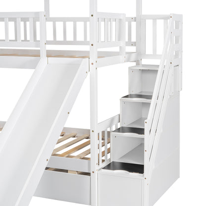 Twin Over Twin House Bunk Bed with Slide, Trundle & Storage Stairs – White Wood Kids Playhouse Bed with Roof & Window