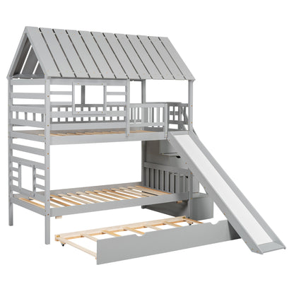 Twin Over Twin House Bunk Bed with Slide, Trundle & Storage Stairs – Gray Wood Kids Playhouse Bed with Roof & Windo