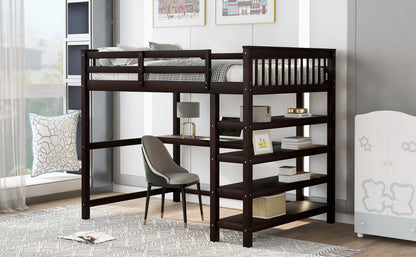 Full Size Loft Bed with Desk & Storage Shelves – Espresso Wood Loft Bed with Built-In Workstation