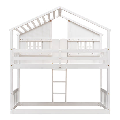 Twin over Twin House Bunk Bed with Roof , Window, Window Box, Door , with Safety Guardrails and Ladder,White