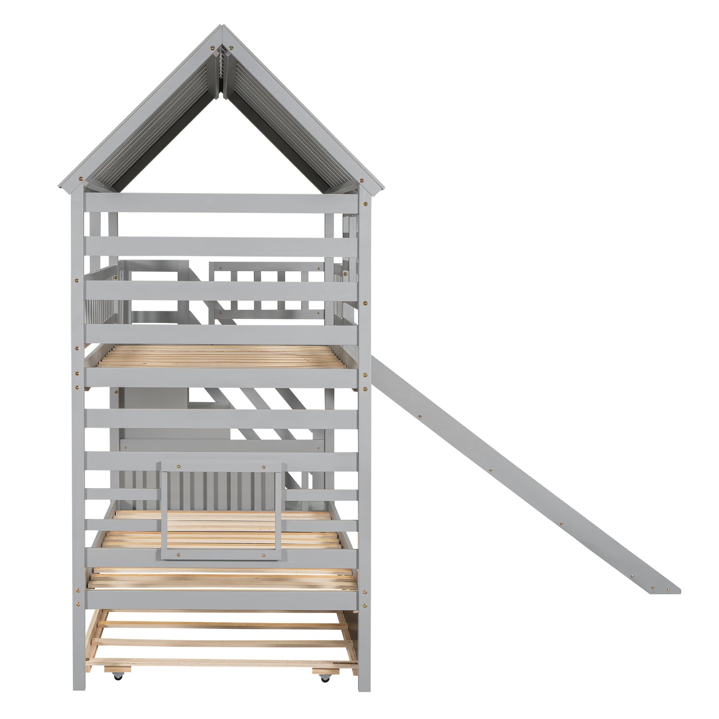 Twin Over Twin House Bunk Bed with Slide, Trundle & Storage Stairs – Gray Wood Kids Playhouse Bed with Roof & Windo