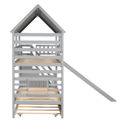 Twin Over Twin House Bunk Bed with Slide, Trundle & Storage Stairs – Gray Wood Kids Playhouse Bed with Roof & Windo