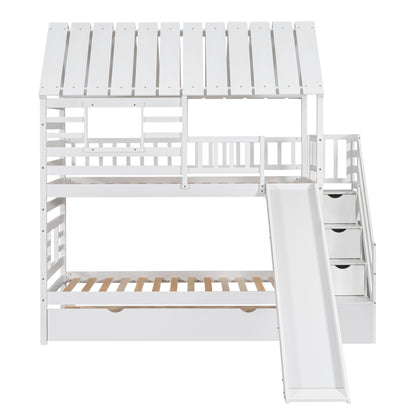 Twin Over Twin House Bunk Bed with Slide, Trundle & Storage Stairs – White Wood Kids Playhouse Bed with Roof & Window