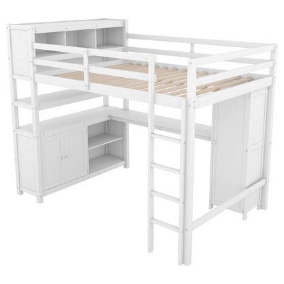 Full Size Loft Bed with Desk, Wardrobe, Cabinet & Bookshelf – White Wood Storage Loft Bed for Kids & Teens