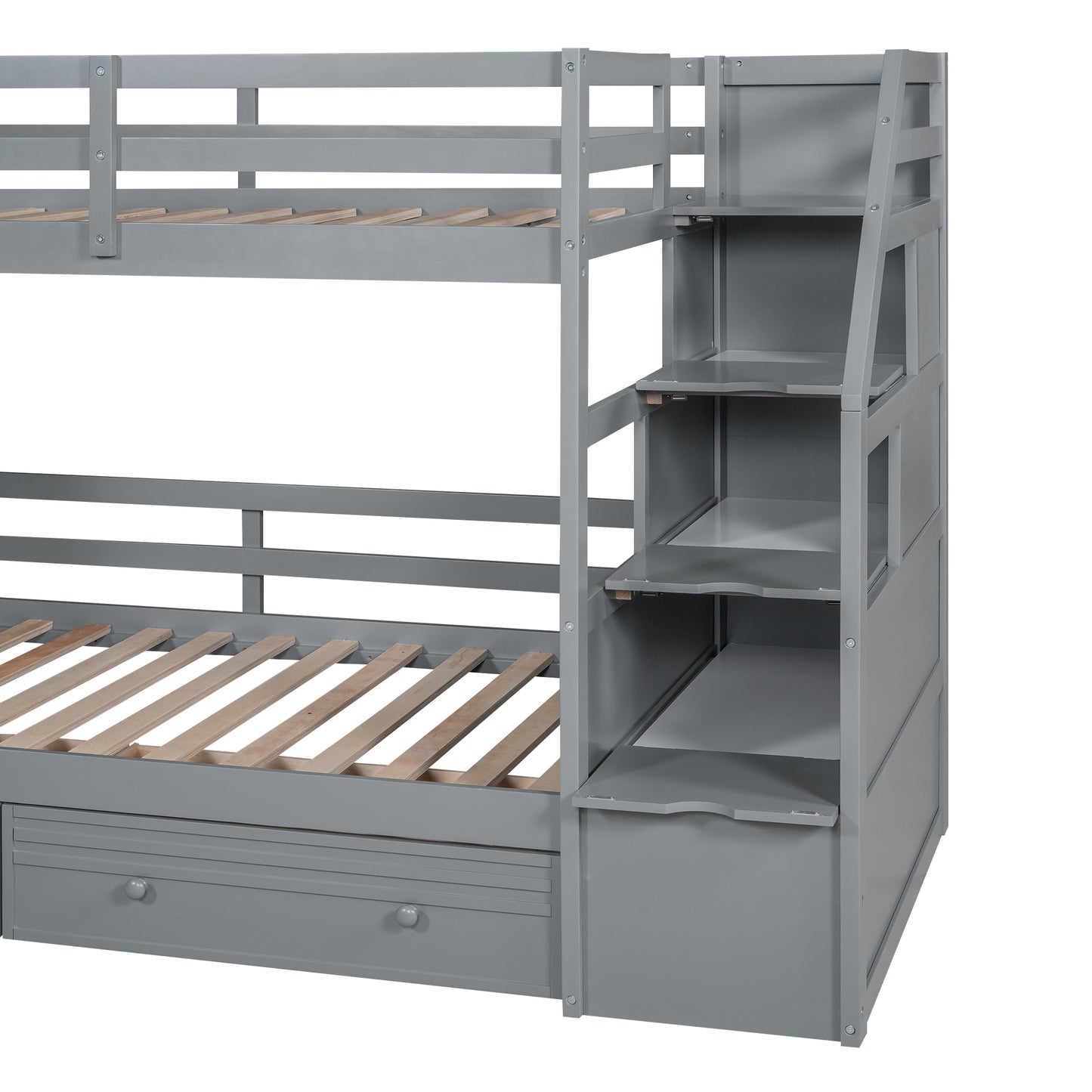 Twin Over Twin Bunk Bed with Desk, Storage Stairs, Slide & Drawers – Gray Wood Kids Loft Bed with Shelve