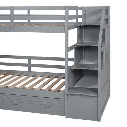 Twin Over Twin Bunk Bed with Desk, Storage Stairs, Slide & Drawers – Gray Wood Kids Loft Bed with Shelve
