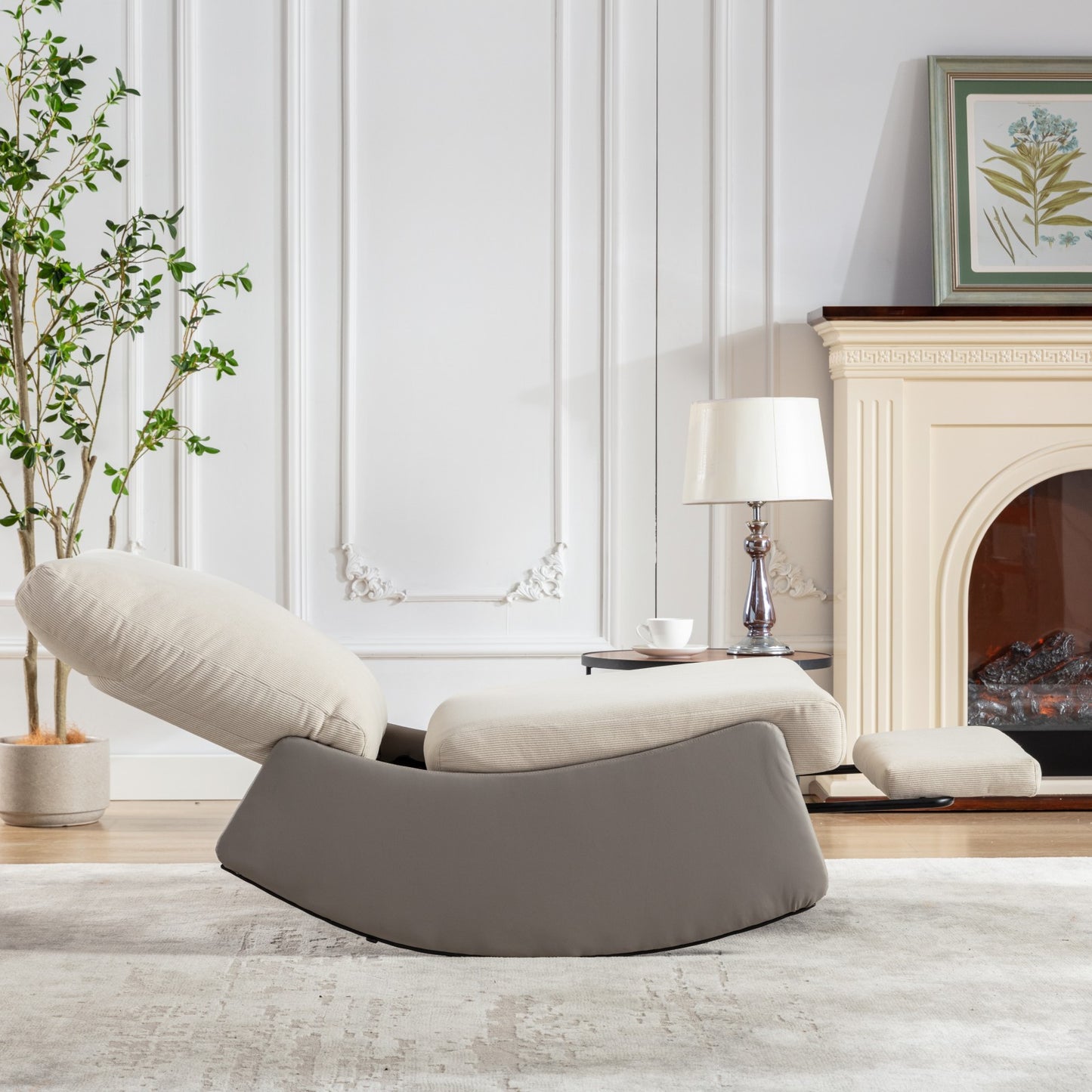 Modern Rocking Recliner Chair with Footrest – Adjustable Upholstered Nursery & Reading Chair, Gray/Beig