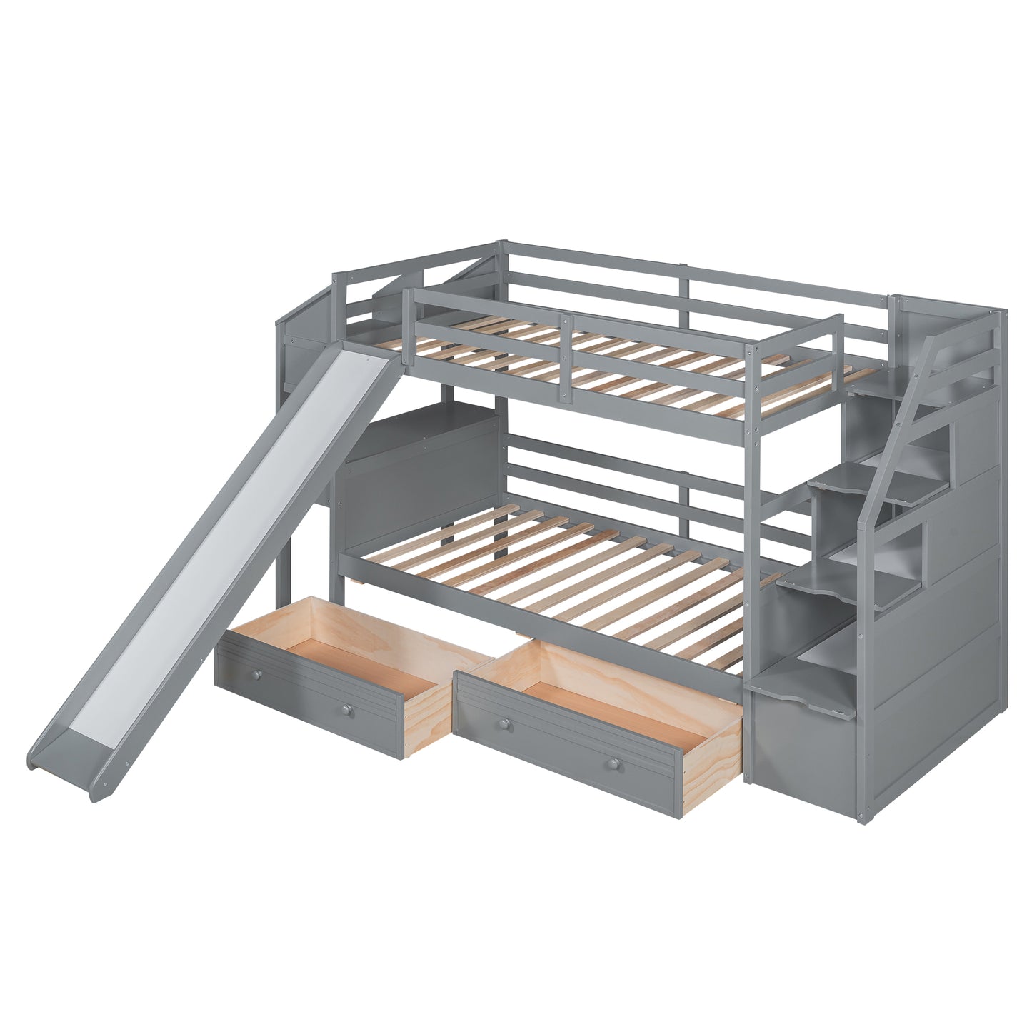 Twin Over Twin Bunk Bed with Desk, Storage Stairs, Slide & Drawers – Gray Wood Kids Loft Bed with Shelve