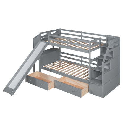 Twin Over Twin Bunk Bed with Desk, Storage Stairs, Slide & Drawers – Gray Wood Kids Loft Bed with Shelve