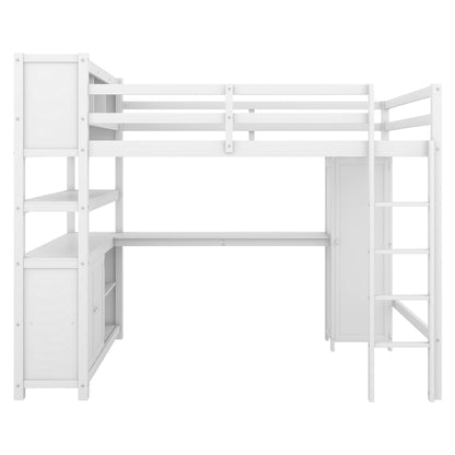Full Size Loft Bed with Desk, Wardrobe, Cabinet & Bookshelf – White Wood Storage Loft Bed for Kids & Teens