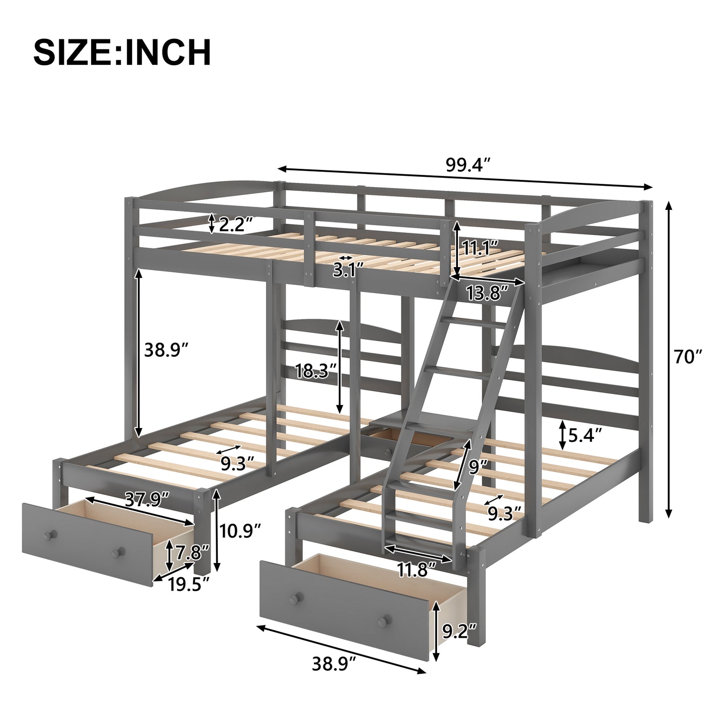 Full Over Twin Triple Bunk Bed with Storage Drawers – Gray Wood 3 Bed Bunk Bed for Kids, Teens & Families
