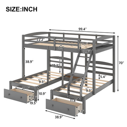 Full Over Twin Triple Bunk Bed with Storage Drawers – Gray Wood 3 Bed Bunk Bed for Kids, Teens & Families